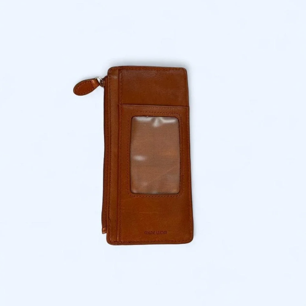Brown leather wallet with multiple card slots and a zippered compartment